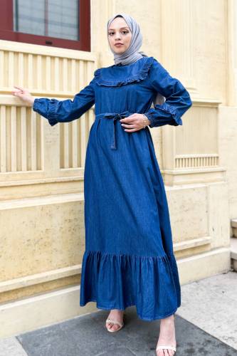 Önü Fırfır Detaylı Kot Elbise TSD220820 Koyu Mavi 