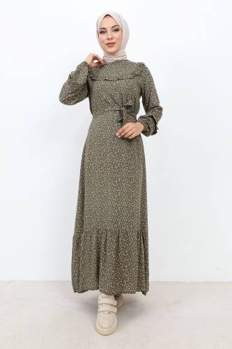 Önü Fırfır Detaylı Viskon Elbise TSD231103 Haki 