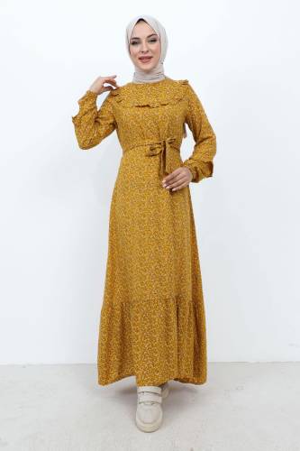 Önü Fırfır Detaylı Viskon Elbise TSD231103 Hardal 