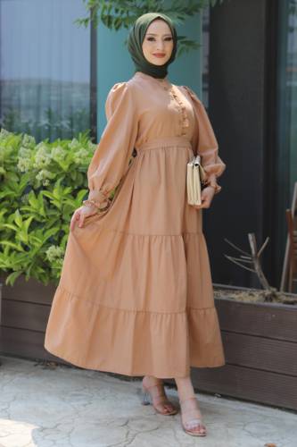 Önü Fırfırlı Elbise TSD220538 Camel 