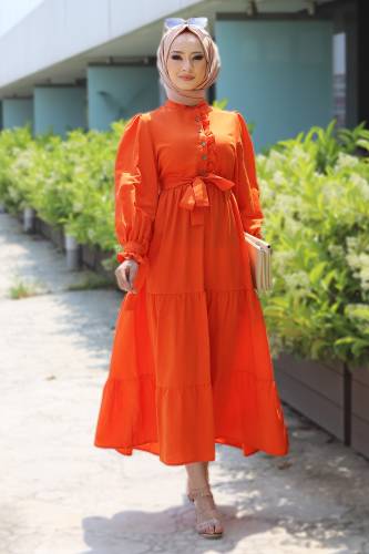 Önü Fırfırlı Elbise TSD220538 Turuncu 