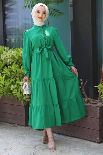 Önü Fırfırlı Elbise TSD220538 Yeşil - Tesettür Dünyası