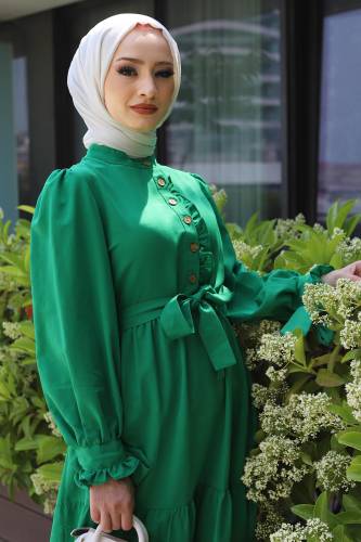 Önü Fırfırlı Elbise TSD220538 Yeşil - 3