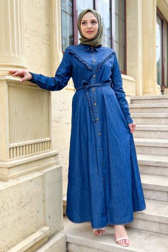 Önü Fırfırlı Kemerli Kot Elbise TSD220836 Koyu Mavi 