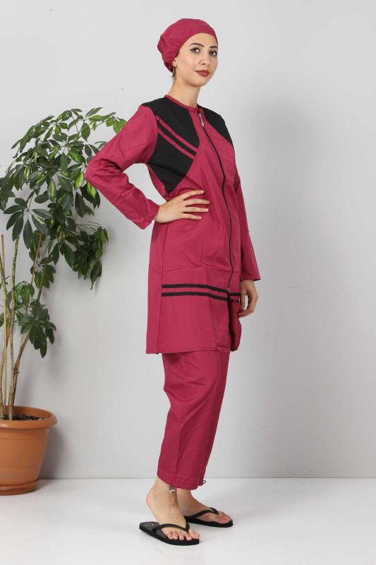 Önü Şeritli Tesettür Mayo TSD8803 Pembe - Siyah - Tesettür Dünyası (1)