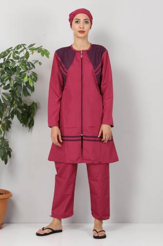 Önü Şeritli Tesettür Mayo TSD8810 Pembe - Mor - 1