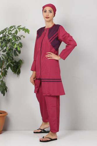 Önü Şeritli Tesettür Mayo TSD8810 Pembe - Mor - 2