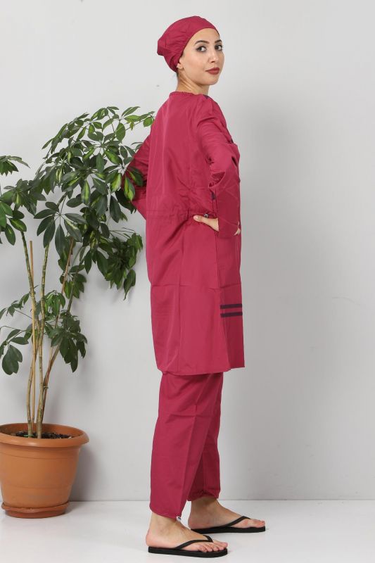 Önü Şeritli Tesettür Mayo TSD8810 Pembe - Mor - 3