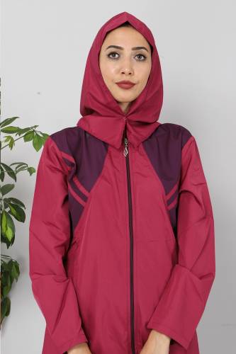 Önü Şeritli Tesettür Mayo TSD8810 Pembe - Mor - 4