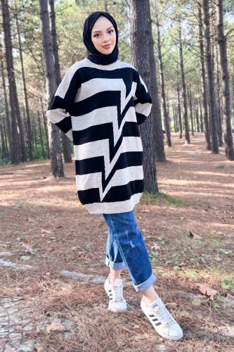 Önü Zikzak Desenli Triko Tunik TSD220909 Bej 