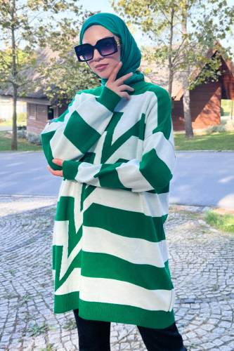 Önü Zikzak Desenli Triko Tunik TSD220909 Ekru 