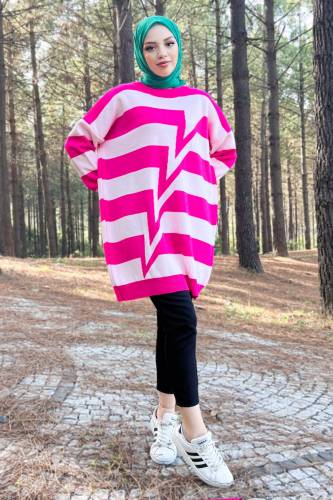 Önü Zikzak Desenli Triko Tunik TSD220909 Fuşya 