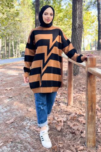 Önü Zikzak Desenli Triko Tunik TSD220909 Kahverengi 