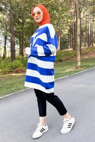 Önü Zikzak Desenli Triko Tunik TSD220909 Mavi - 5