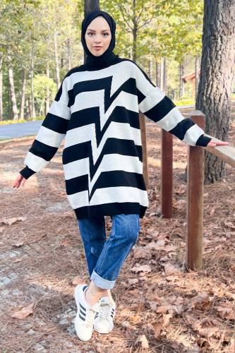 Önü Zikzak Desenli Triko Tunik TSD220909 Siyah 