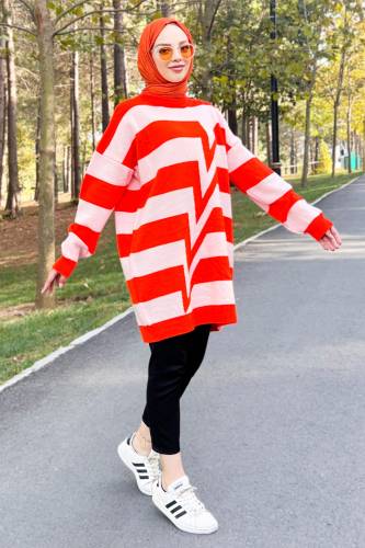 Önü Zikzak Desenli Triko Tunik TSD220909 Turuncu 