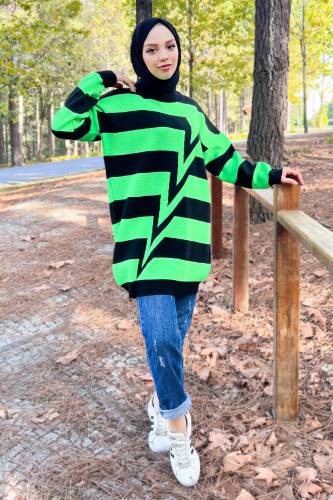 Önü Zikzak Desenli Triko Tunik TSD220909 Yeşil 
