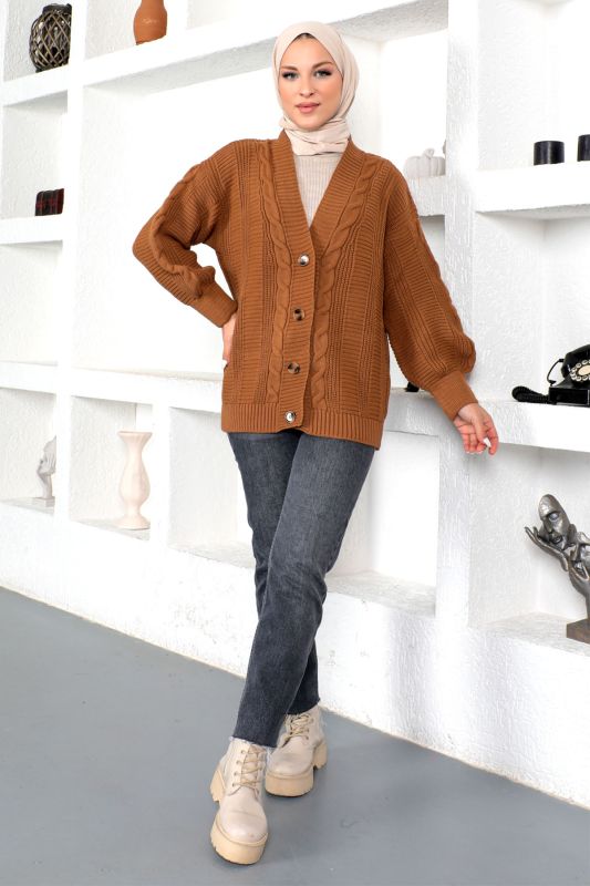 Örgü Desen Triko Hırka TSD230225 Kahverengi - 3