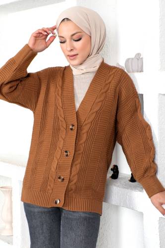 Örgü Desen Triko Hırka TSD230225 Kahverengi - 2
