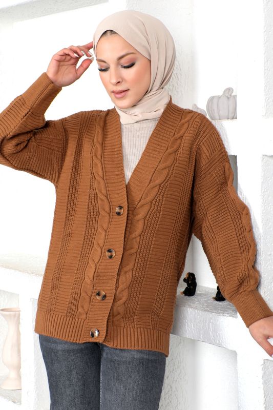 Örgü Desen Triko Hırka TSD230225 Kahverengi - 2