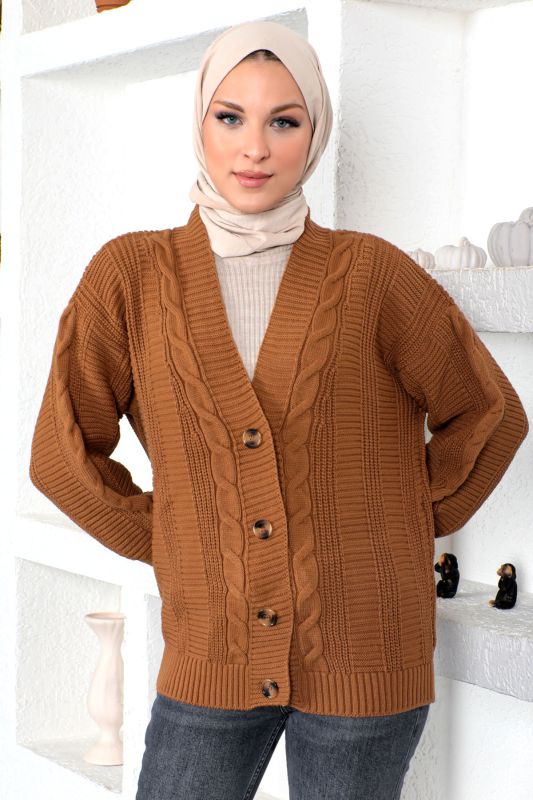 Örgü Desen Triko Hırka TSD230225 Kahverengi - 1