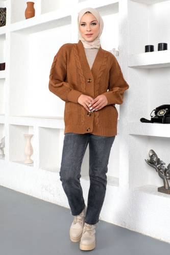 Örgü Desen Triko Hırka TSD230225 Kahverengi - 4