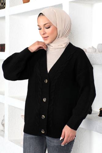 Örgü Desen Triko Hırka TSD230225 Siyah - 4
