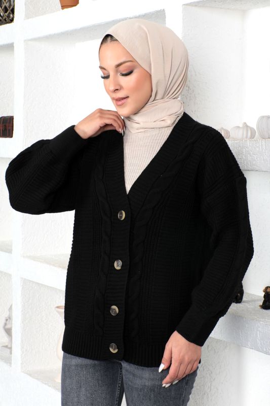 Örgü Desen Triko Hırka TSD230225 Siyah - 4