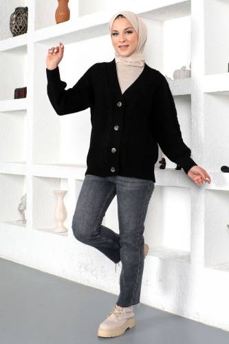 Örgü Desen Triko Hırka TSD230225 Siyah - 2