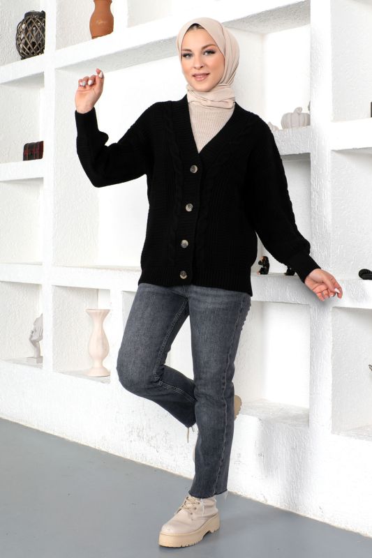 Örgü Desen Triko Hırka TSD230225 Siyah - 2