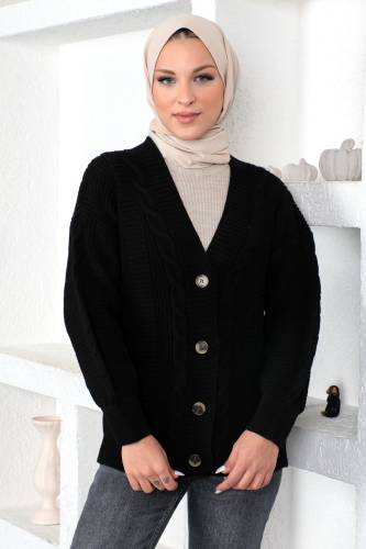 Örgü Desen Triko Hırka TSD230225 Siyah - 3