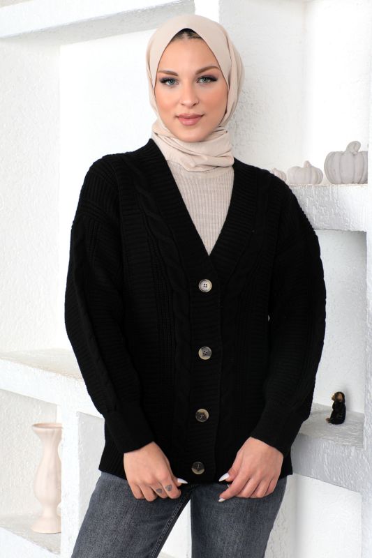 Örgü Desen Triko Hırka TSD230225 Siyah - 3