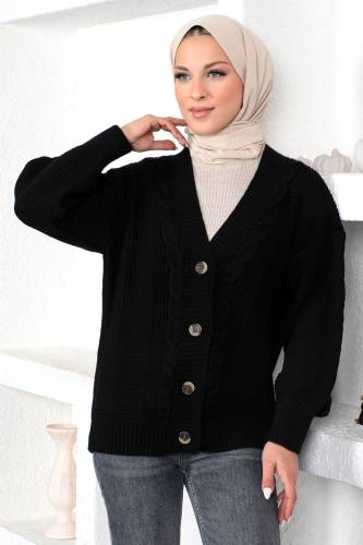 Örgü Desen Triko Hırka TSD230225 Siyah - 1