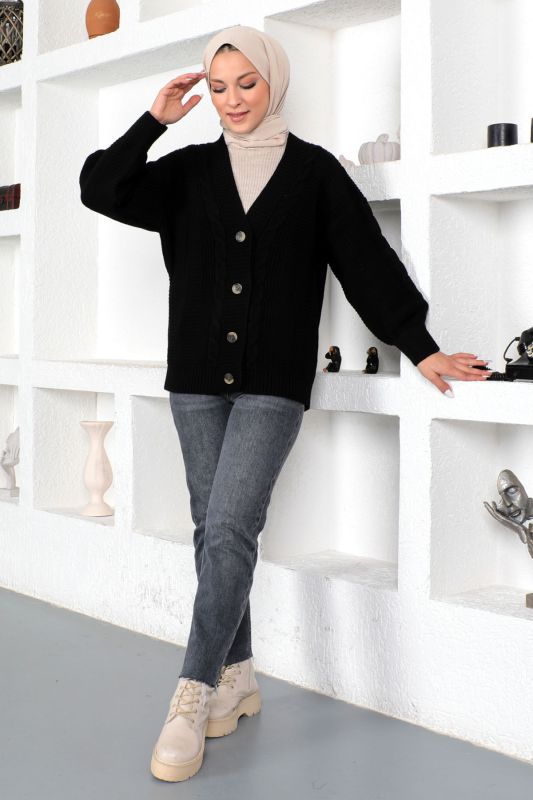 Örgü Desen Triko Hırka TSD230225 Siyah - 5