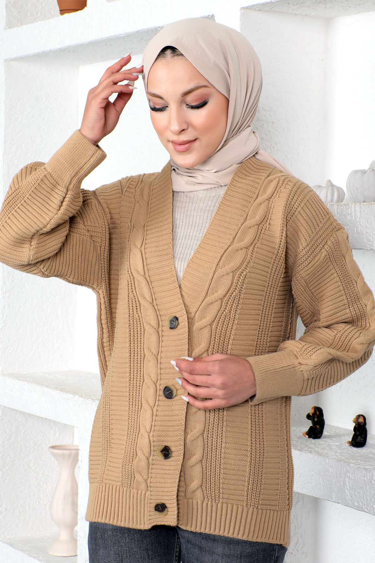 Tesettür Dünyası - Örgü Desen Triko Hırka TSD230225 Vizon
