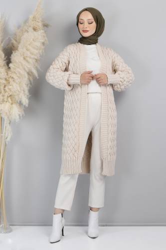 Örgü Desenli Triko Hırka TSD220714 Bej - Tesettür Dünyası