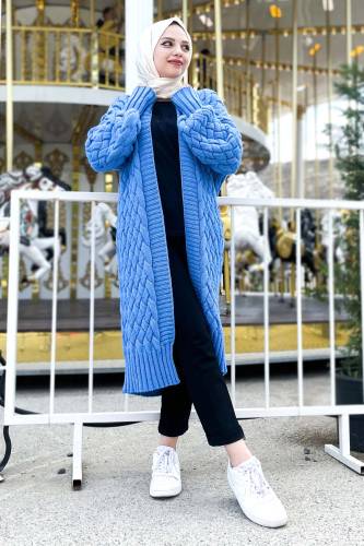 Örgü Desenli Triko Hırka TSD220714 Mavi 