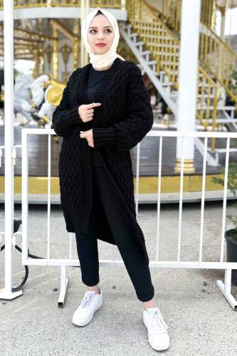 Örgü Desenli Triko Hırka TSD220714 Siyah 