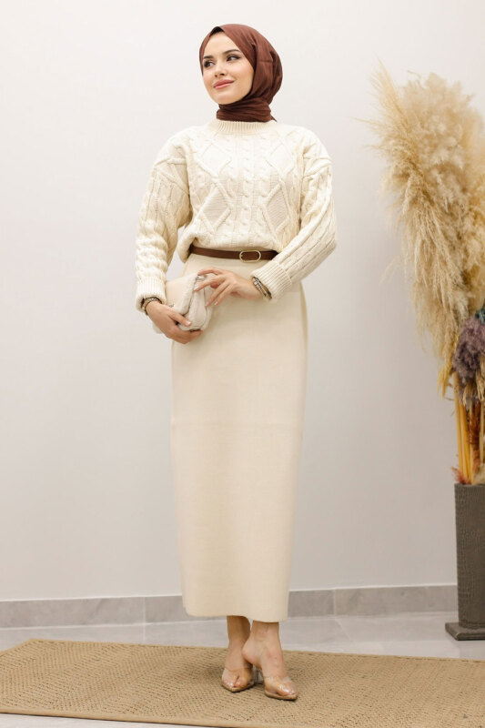 Örgü Desenli Kazak TSD250222 Bej - 1