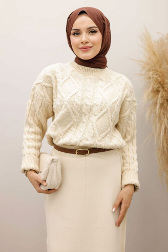 Örgü Desenli Kazak TSD250222 Bej - 2