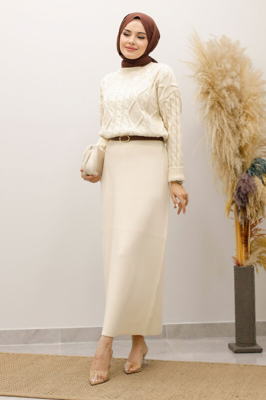 Örgü Desenli Kazak TSD250222 Bej - 3