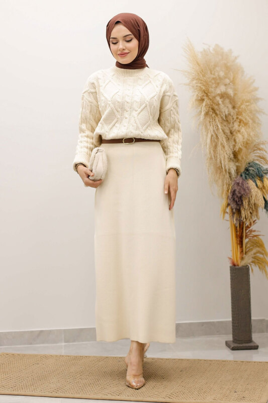 Örgü Desenli Kazak TSD250222 Bej - 4