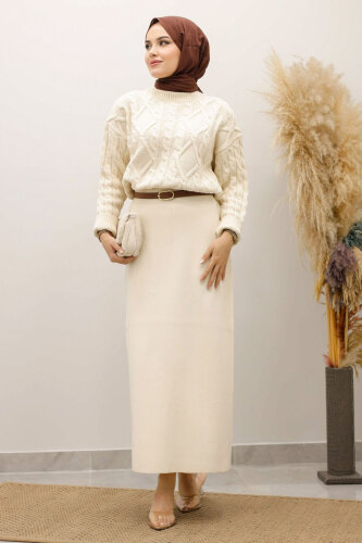 Örgü Desenli Kazak TSD250222 Bej - 5
