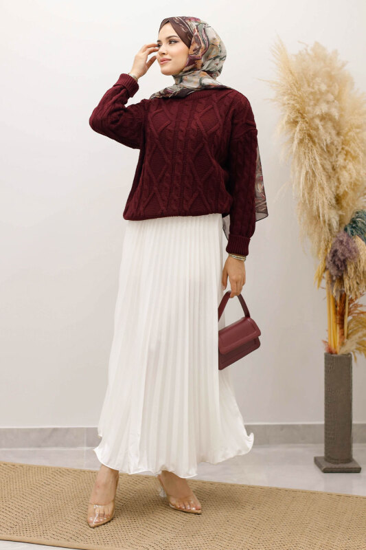 Örgü Desenli Kazak TSD250222 Bordo - 3