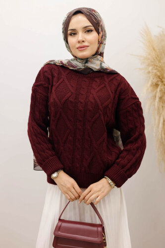 Örgü Desenli Kazak TSD250222 Bordo - 2