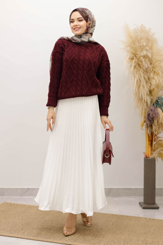 Örgü Desenli Kazak TSD250222 Bordo - 5