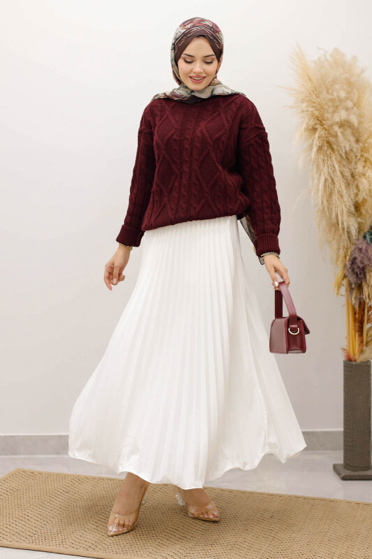 Örgü Desenli Kazak TSD250222 Bordo - 1