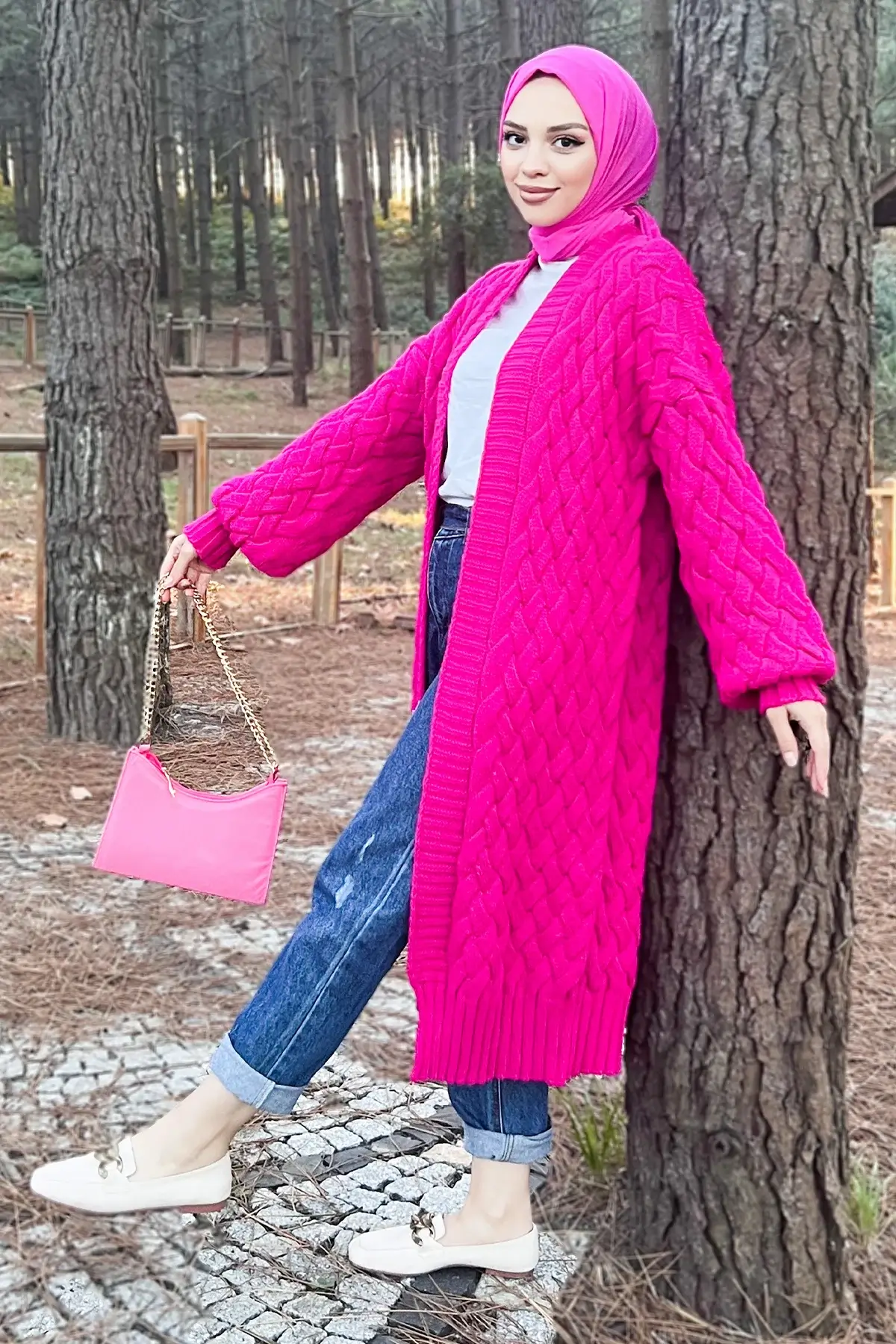 Örgü Desenli Triko Hırka TSD220714 Fuşya 