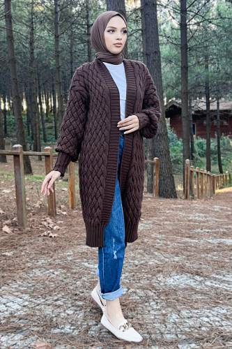 Örgü Desenli Triko Hırka TSD220714 Kahverengi 