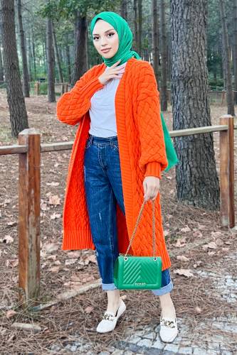 Örgü Desenli Triko Hırka TSD220714 Turuncu 